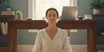 Woman practicing mindfulness at remote desk