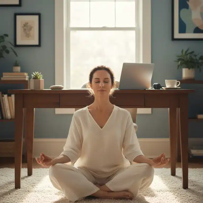 Woman practicing mindfulness at remote desk