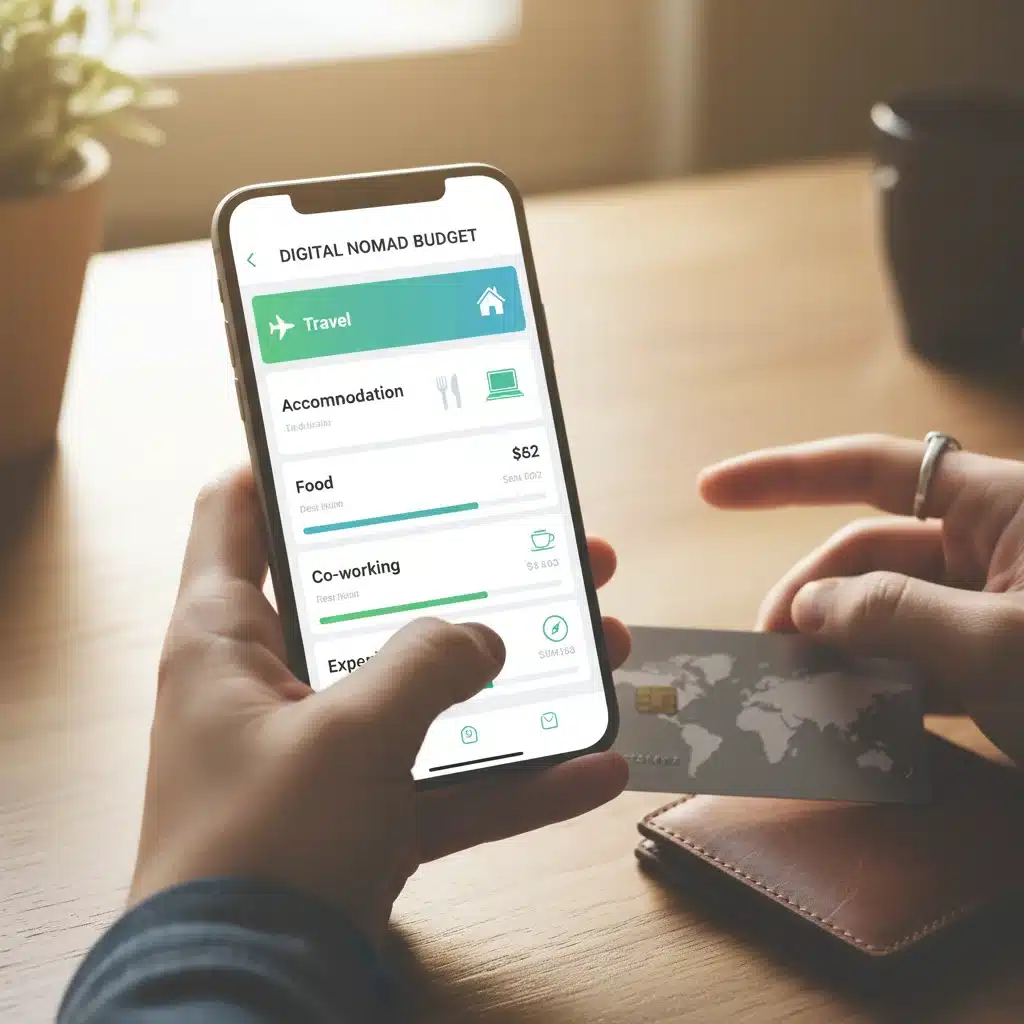 Digital nomad managing finances with a budgeting app on a smartphone, showing smart money management.
