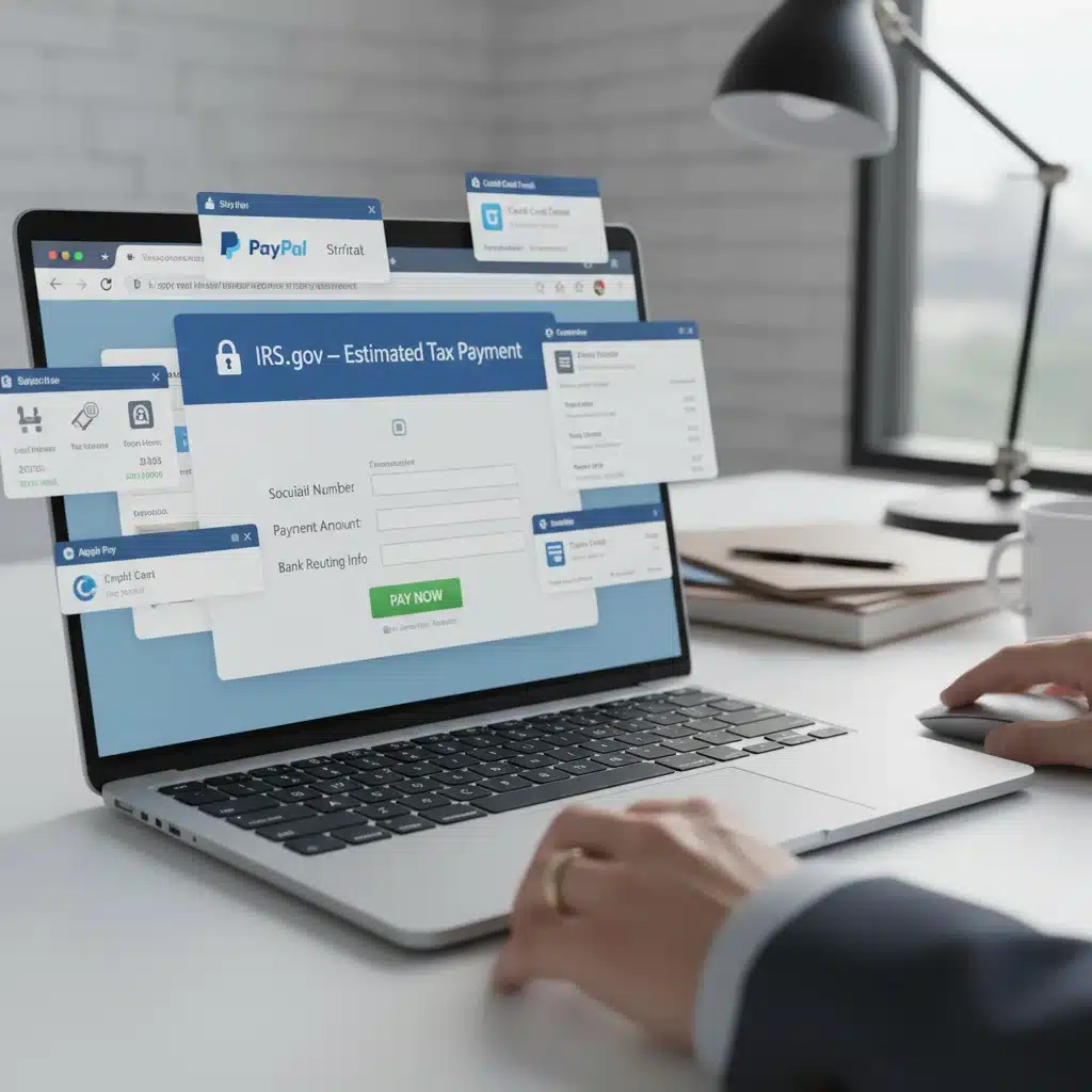 Laptop screen displaying secure online tax payment portals, illustrating electronic payment options for estimated taxes.