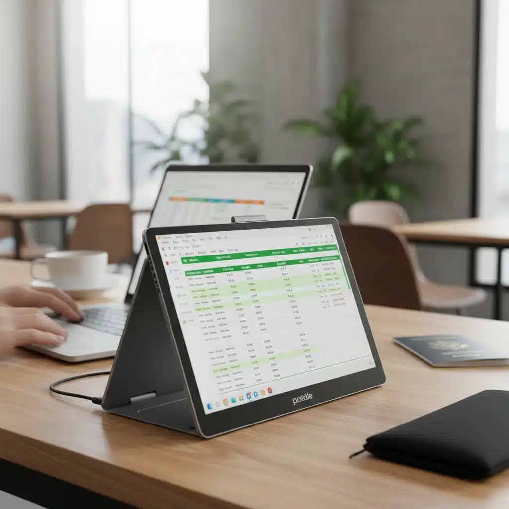 Portable monitor connected to a laptop for enhanced digital nomad productivity.