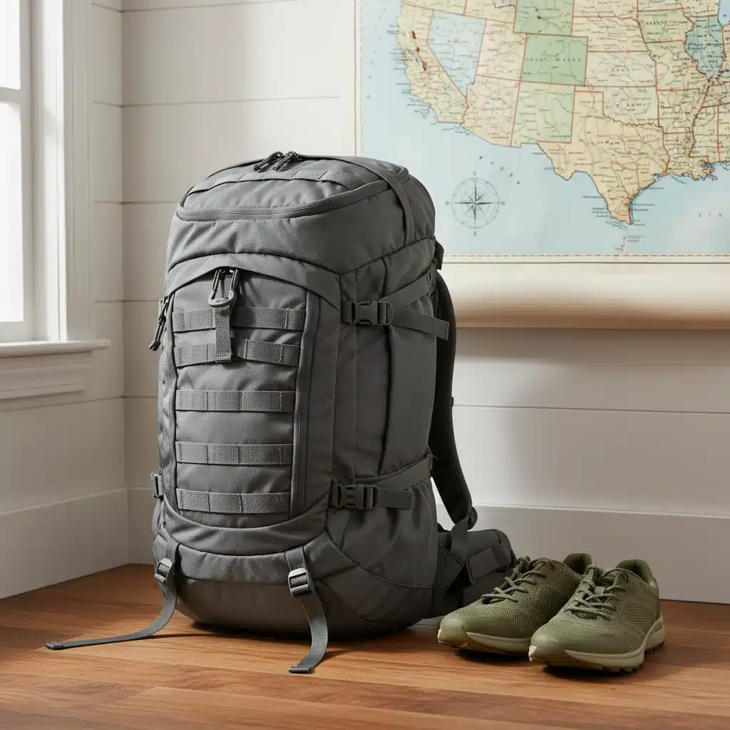 Streamlined travel backpack with comfortable shoes for efficient digital nomad packing.