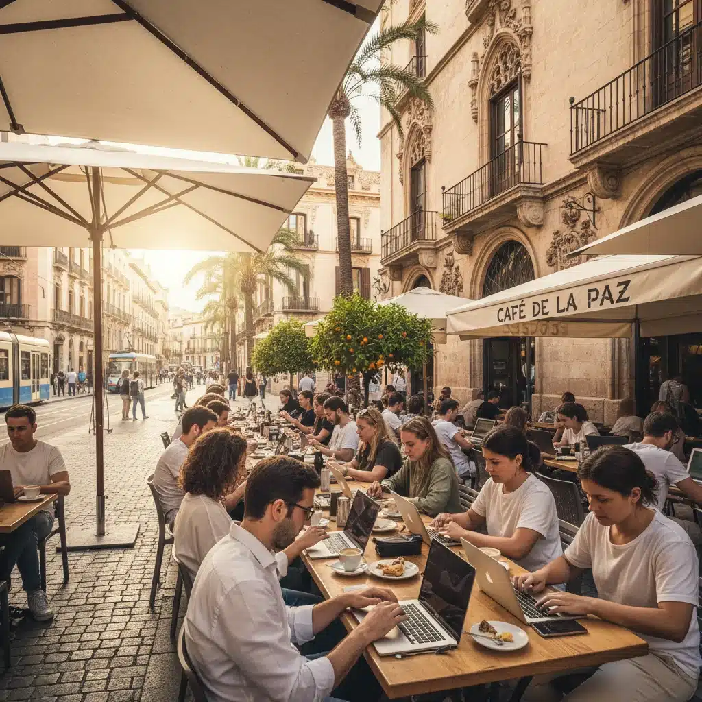 Remote workers enjoying coffee at a sunny street cafe in Valencia, Spain, with historic buildings.