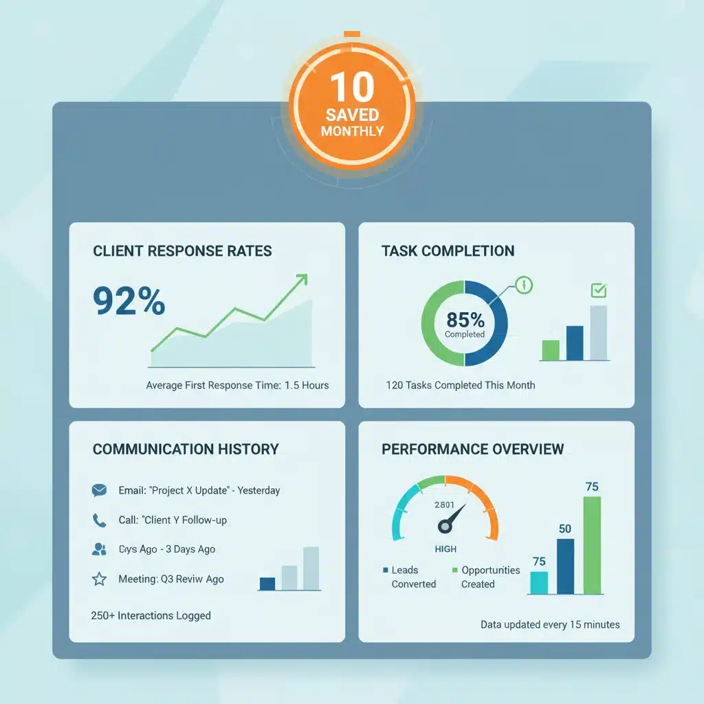 Infographic showing CRM dashboard with productivity metrics and 10 hours saved