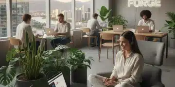 Digital nomad working in a modern co-working space with city views, symbolizing remote work hubs.