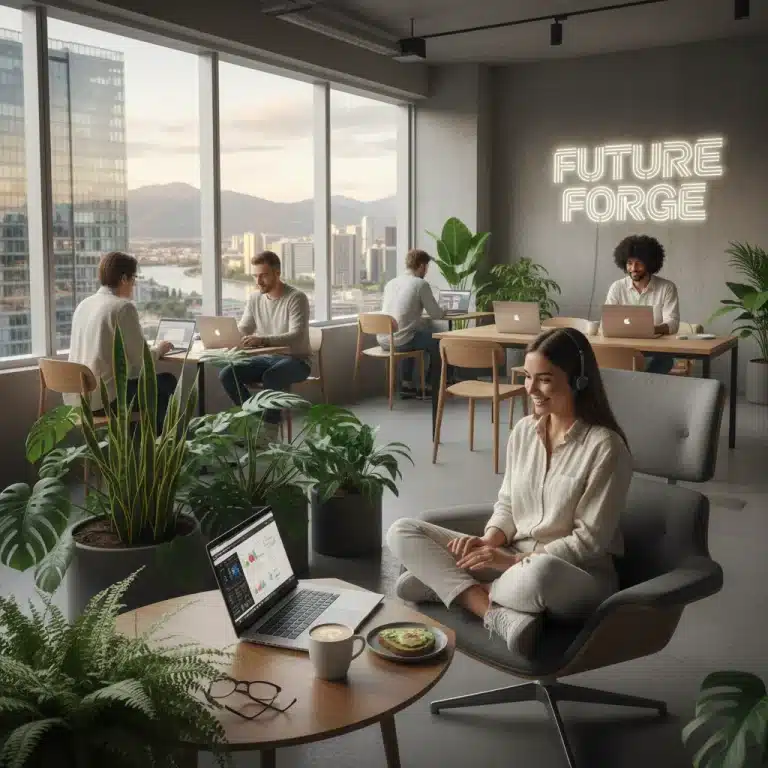 Digital nomad working in a modern co-working space with city views, symbolizing remote work hubs.