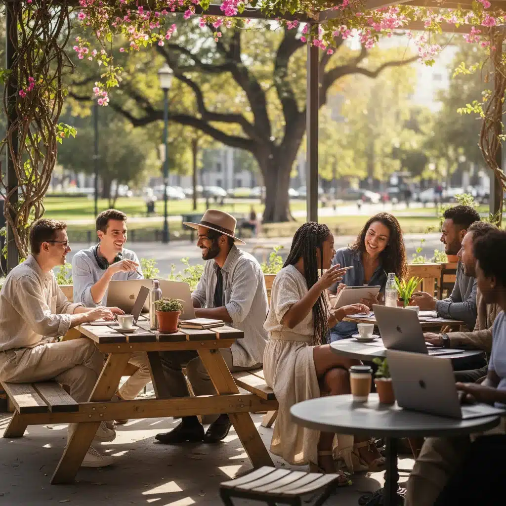 Diverse digital nomads networking outdoors, emphasizing community in remote work hubs.