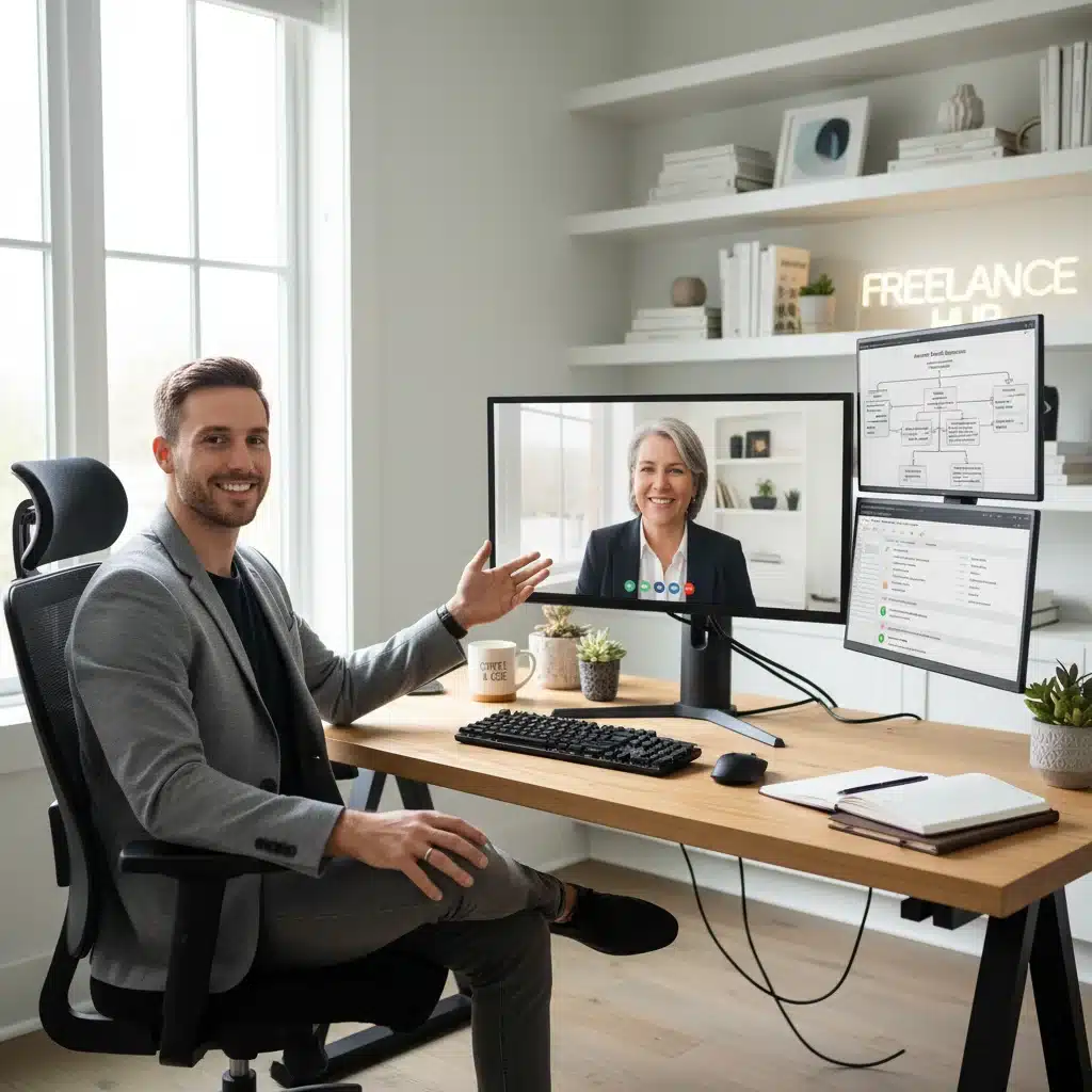 Freelancer managing client communication with automated tools and video call