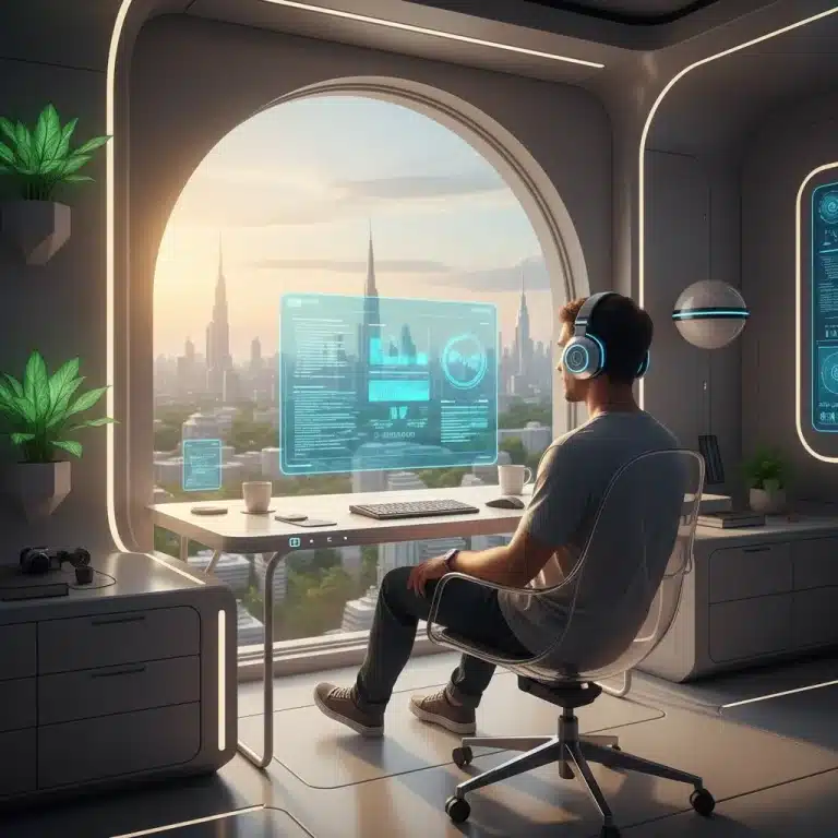 Focused remote worker in a futuristic home office setting, embodying enhanced concentration in 2026.