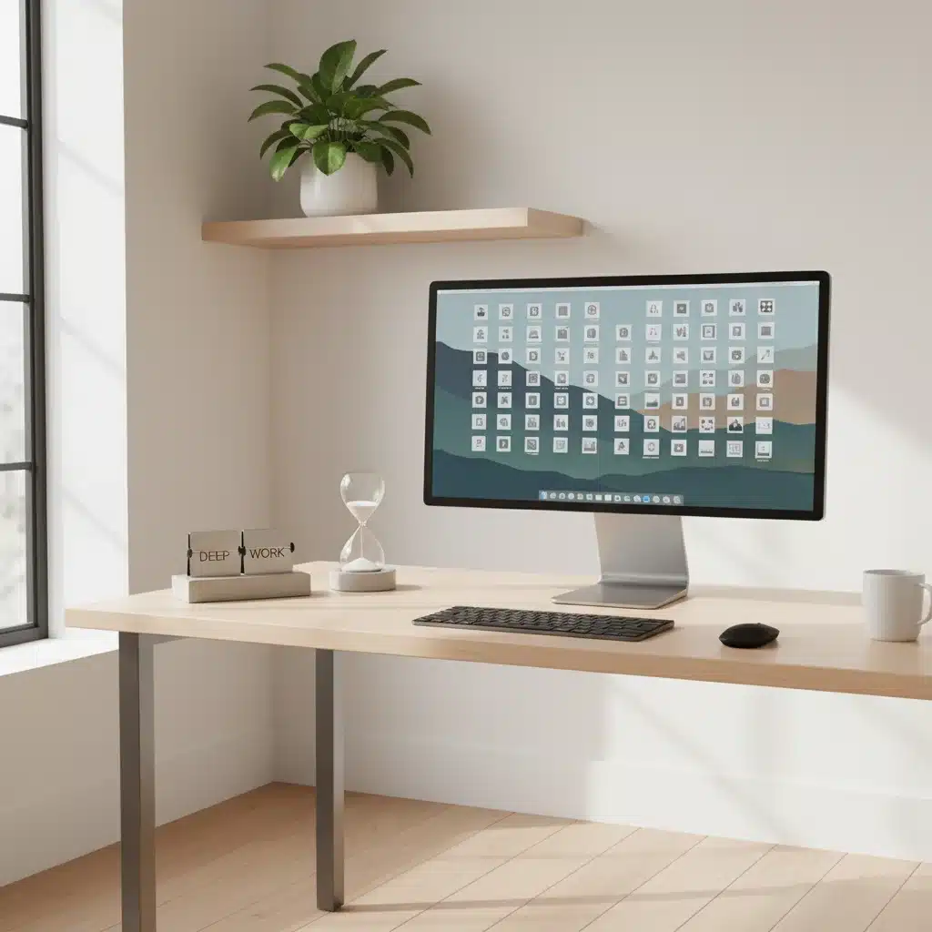 Minimalist workspace with clean desktop and focus timer