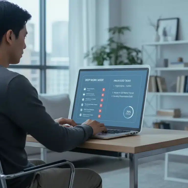 Person focused at laptop with digital focus wall