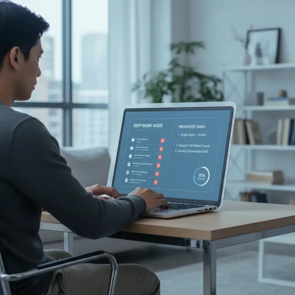 Person focused at laptop with digital focus wall