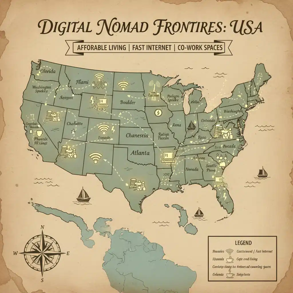 Map of the United States highlighting digital nomad friendly cities and states with strong infrastructure.