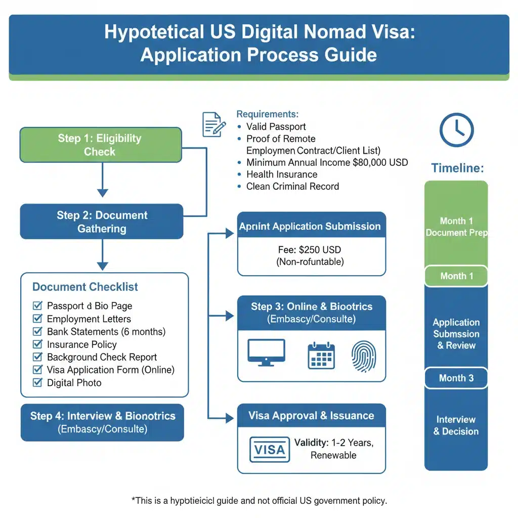 Infographic showing hypothetical US digital nomad visa application steps and requirements.