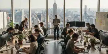 Digital nomads working in a modern co-working space with New York City skyline in the background, representing US digital nomad visa opportunities.