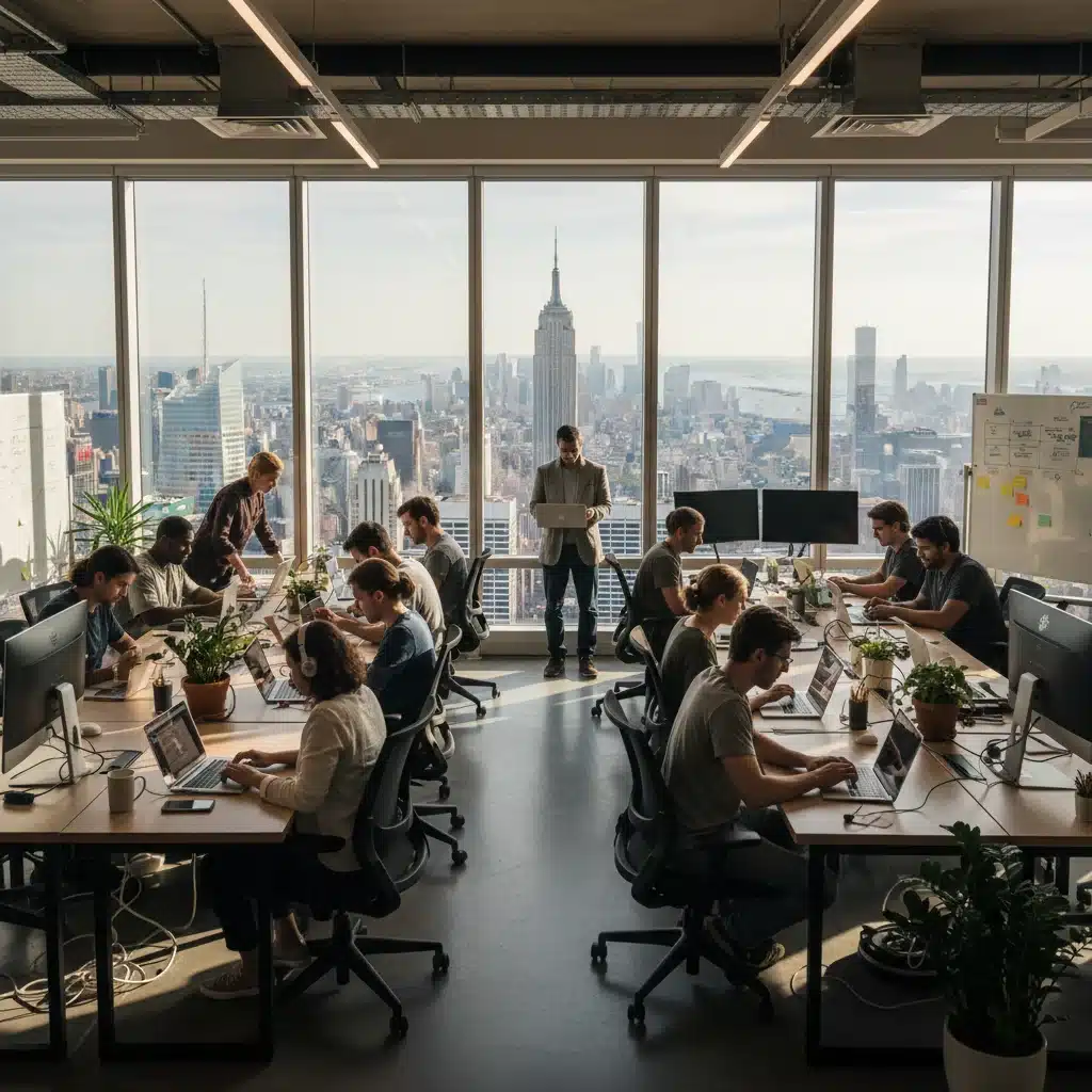 Digital nomads working in a modern co-working space with New York City skyline in the background, representing US digital nomad visa opportunities.