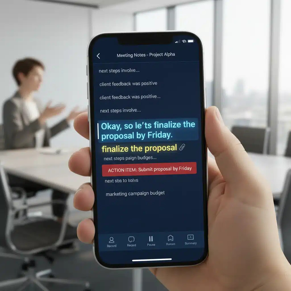 AI note-taking app transcribing live audio on a smartphone, highlighting key points.