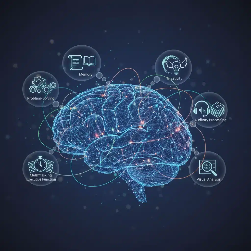 Illustration of the human brain with glowing neural connections, representing cognitive processes and information flow.