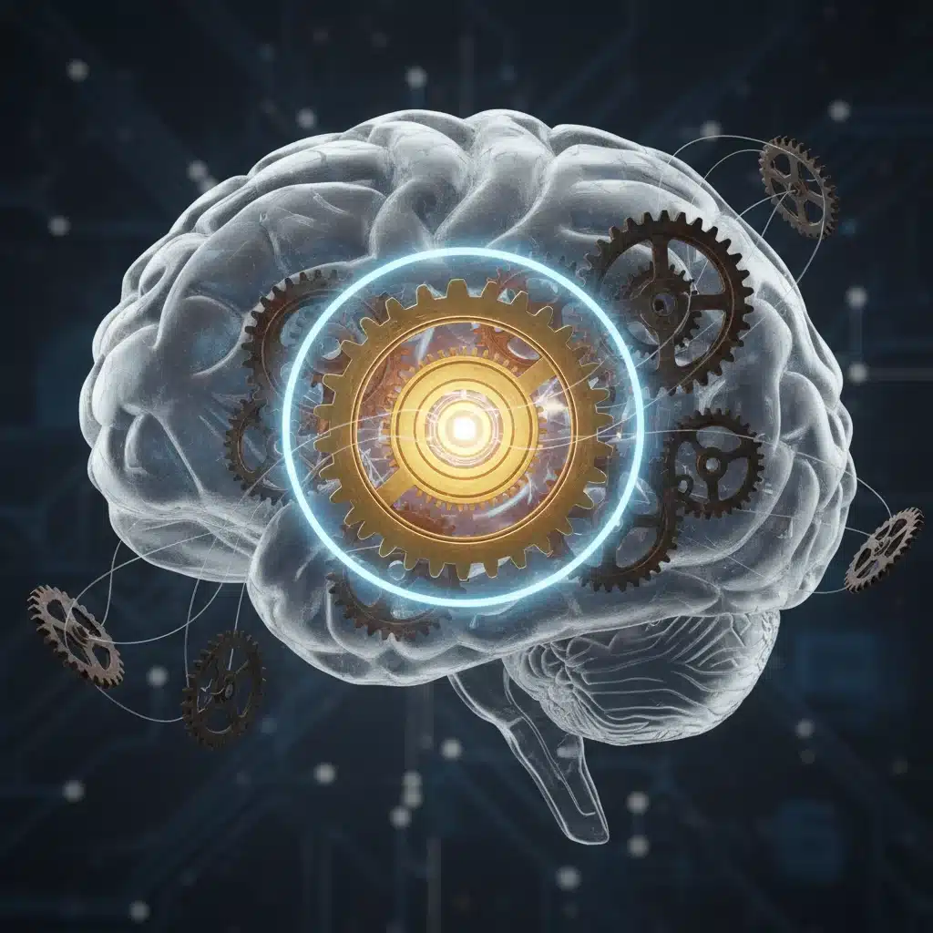 Brain with a large, smoothly turning gear representing focused attention on a single task.