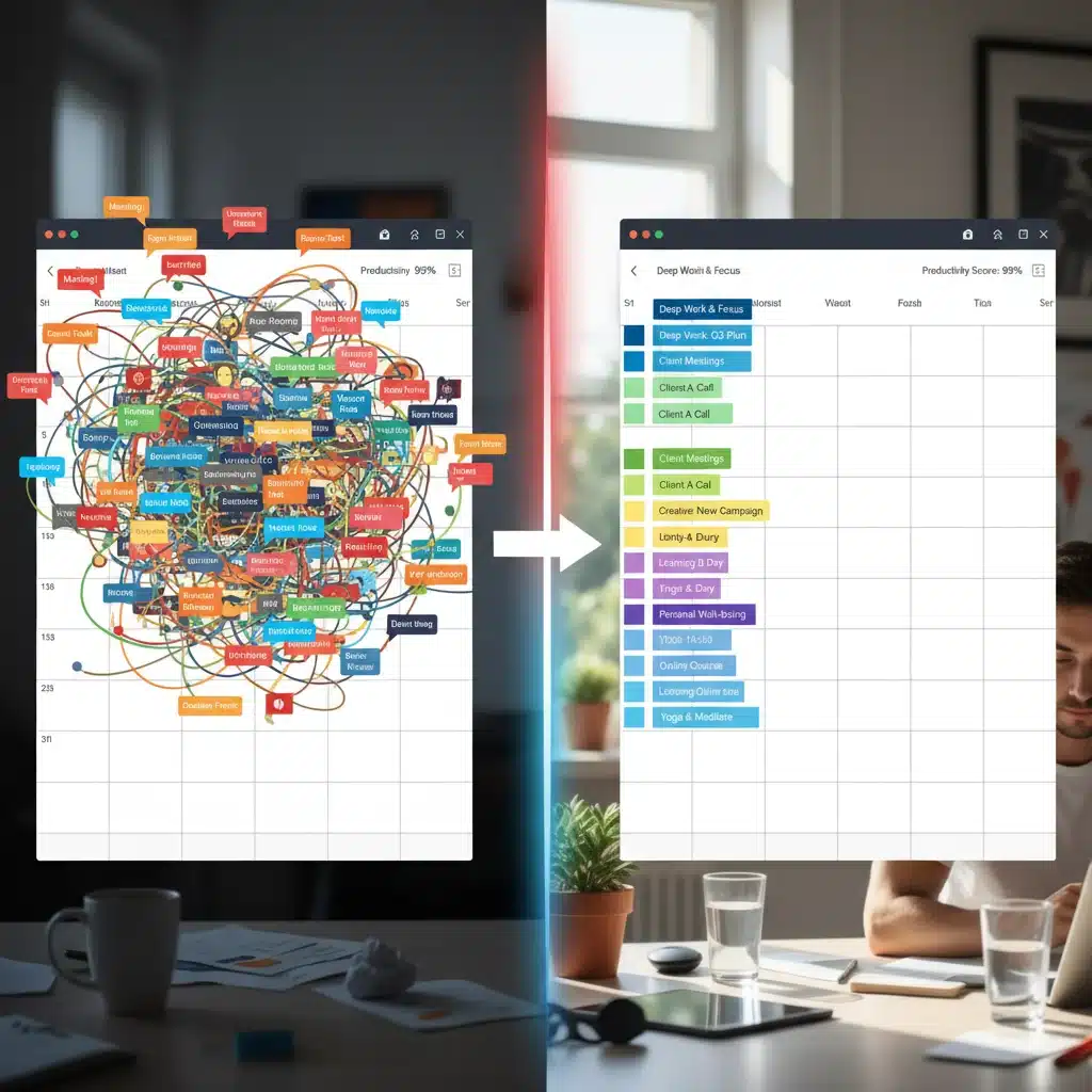 Visual comparison of a chaotic versus an organized time-blocked digital calendar for remote work.