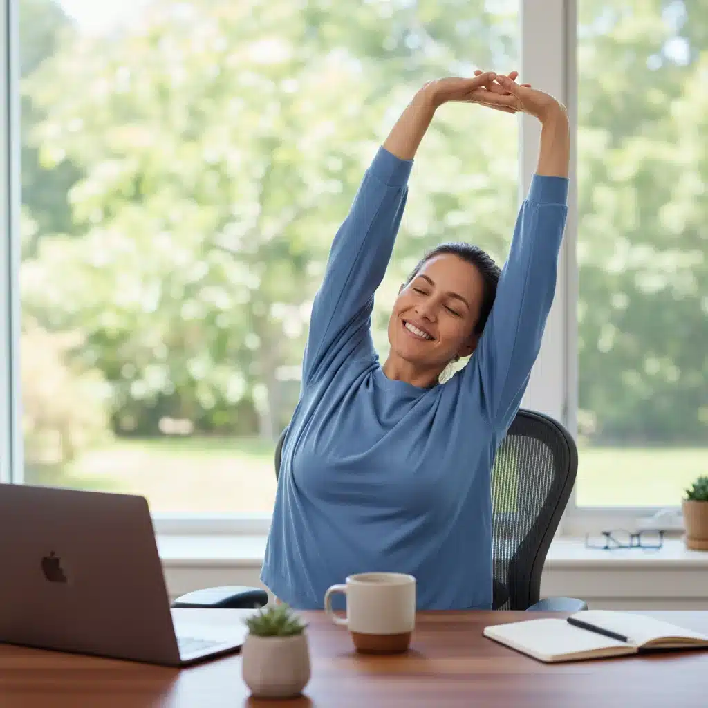 Person stretching at a home office desk to relieve tension and re-energize during work.