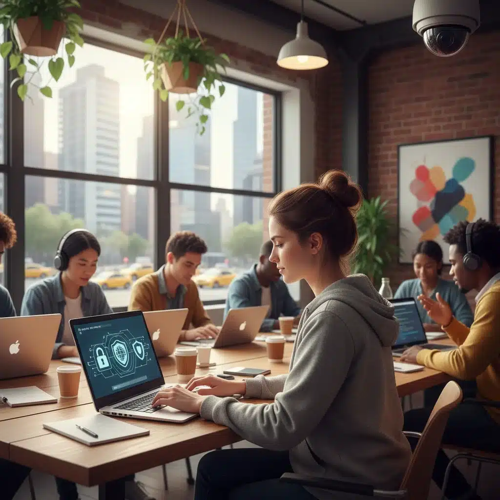 Digital nomad working securely in a US co-working space