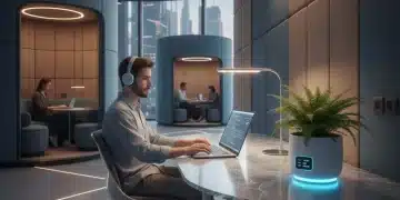Coworking Spaces 2026: The Digital Nomad's Guide to US Trends Digital nomad focused on work in a quiet zone of a futuristic coworking space.