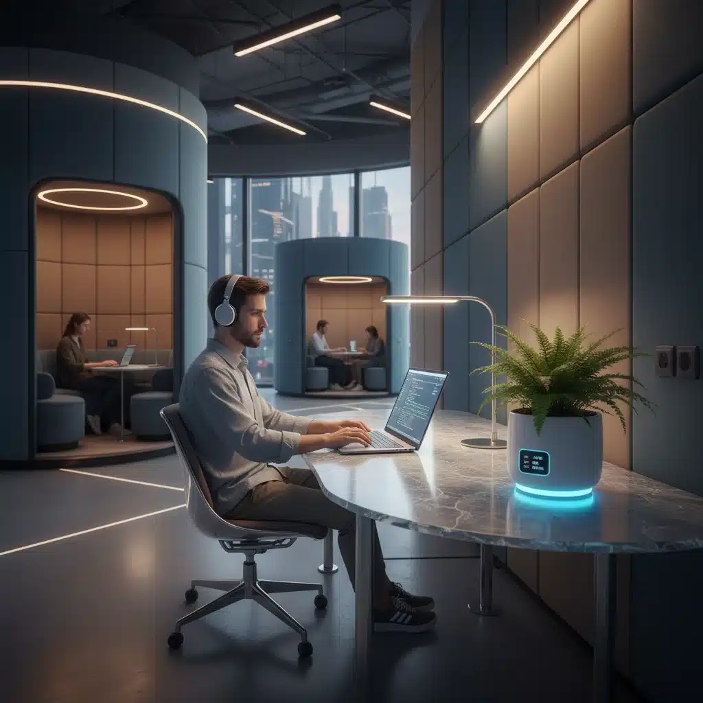 Digital nomad focused on work in a quiet zone of a futuristic coworking space.