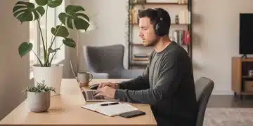Boost Remote Work Focus: Weekly Routine for Sustained Concentration Focused person working remotely at a home office desk with a laptop and headphones.