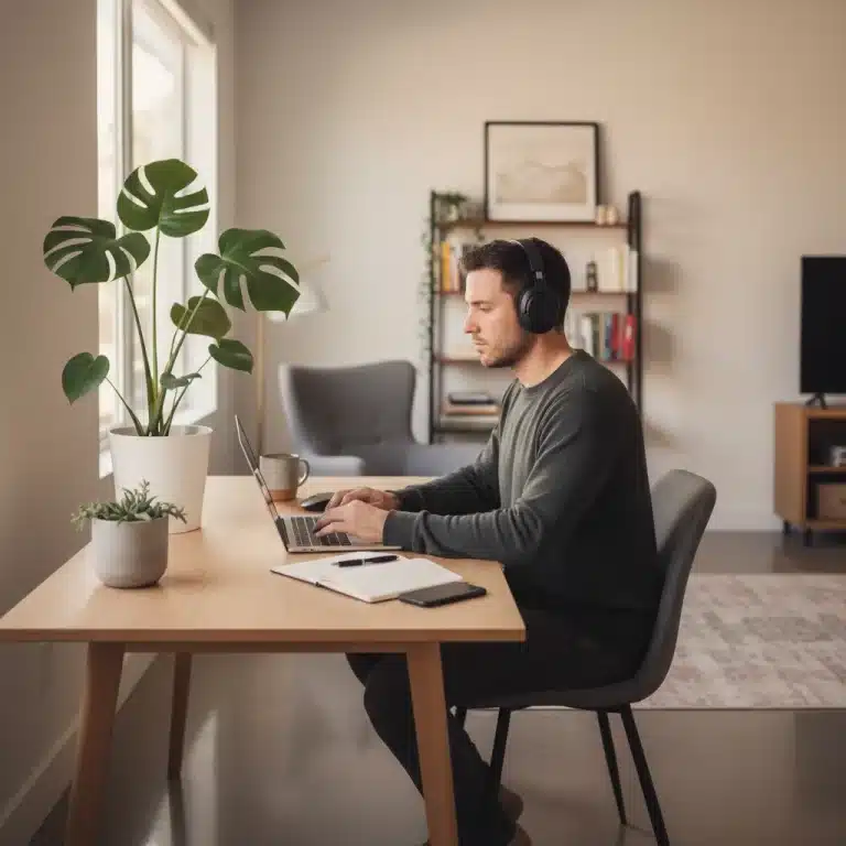 Focused person working remotely at a home office desk with a laptop and headphones.