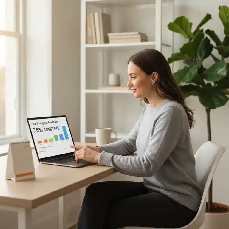 Freelancer confidently planning 6-month emergency fund for 2026