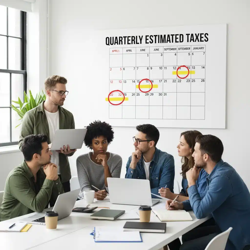 Freelancers reviewing quarterly estimated tax deadlines on a calendar for 2026