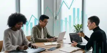 Freelancers managing finances on laptops in a modern co-working space