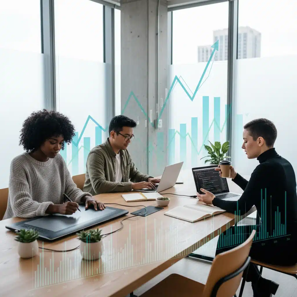 Freelancers managing finances on laptops in a modern co-working space