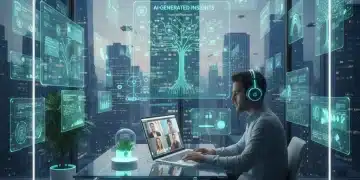 Futuristic remote worker using AI note-taking app during a video call in a modern US home office.