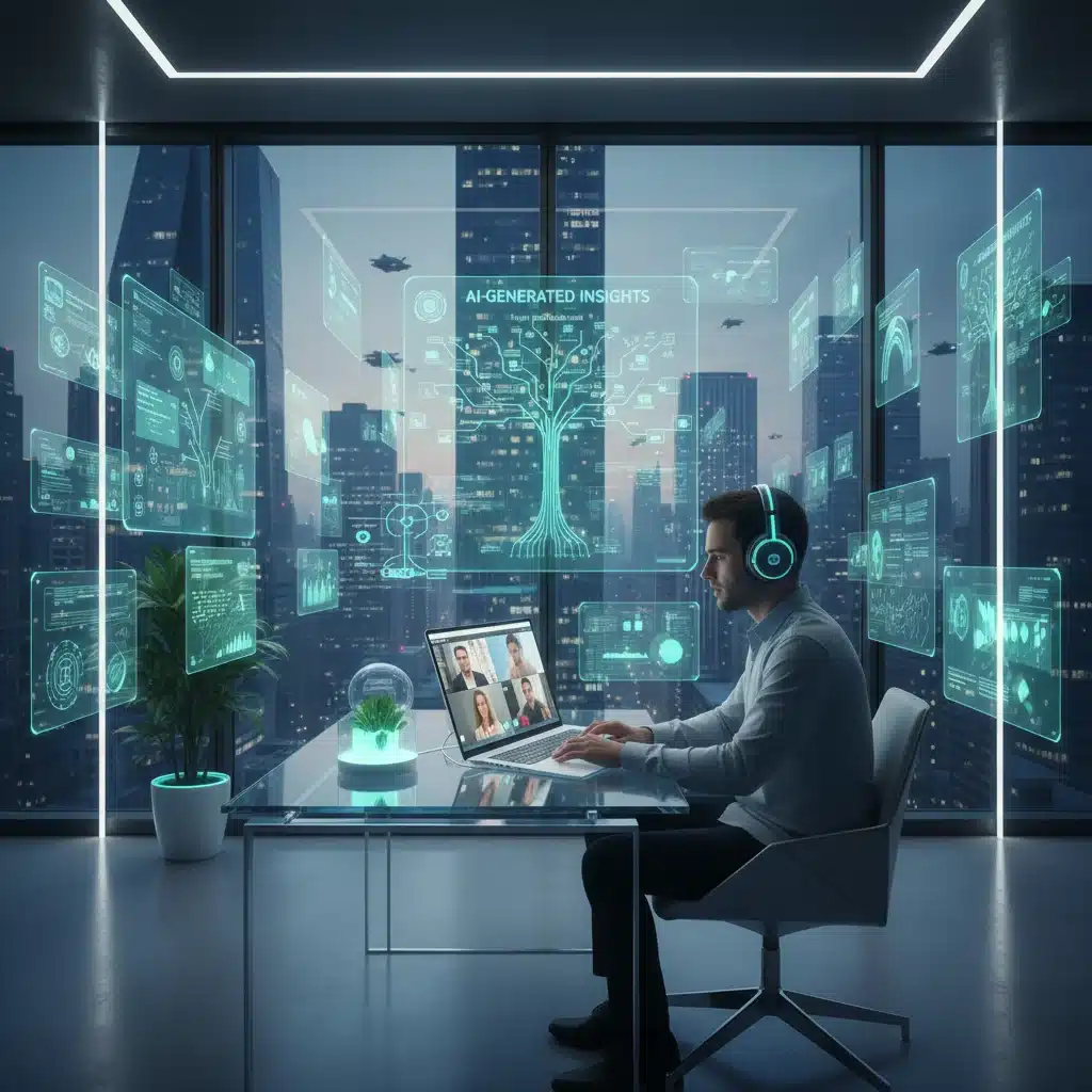 Futuristic remote worker using AI note-taking app during a video call in a modern US home office.