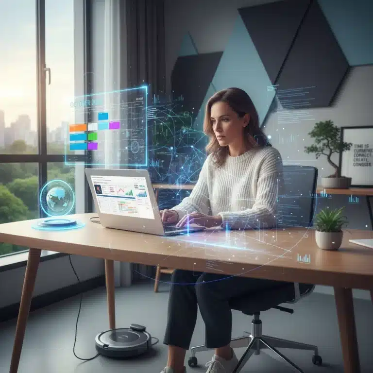Remote worker mastering time blocking with advanced digital calendar and productivity tools in 2026.