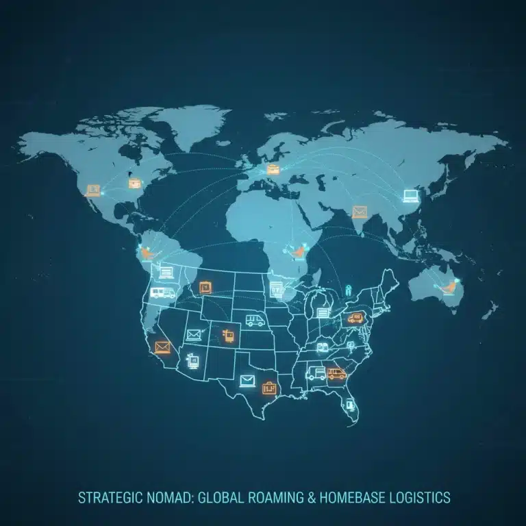 Digital nomad managing US home base from abroad, with mail, storage, and vehicle icons.