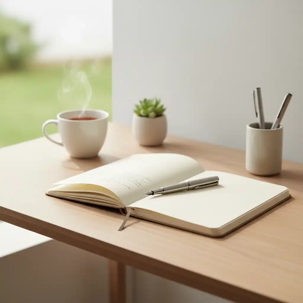 Organized desk with a single notebook and pen, representing a distraction-free work environment.