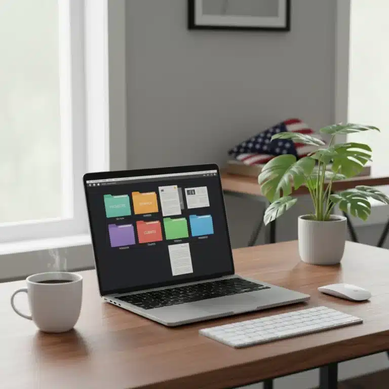 Organized remote worker desk with laptop showing file management software