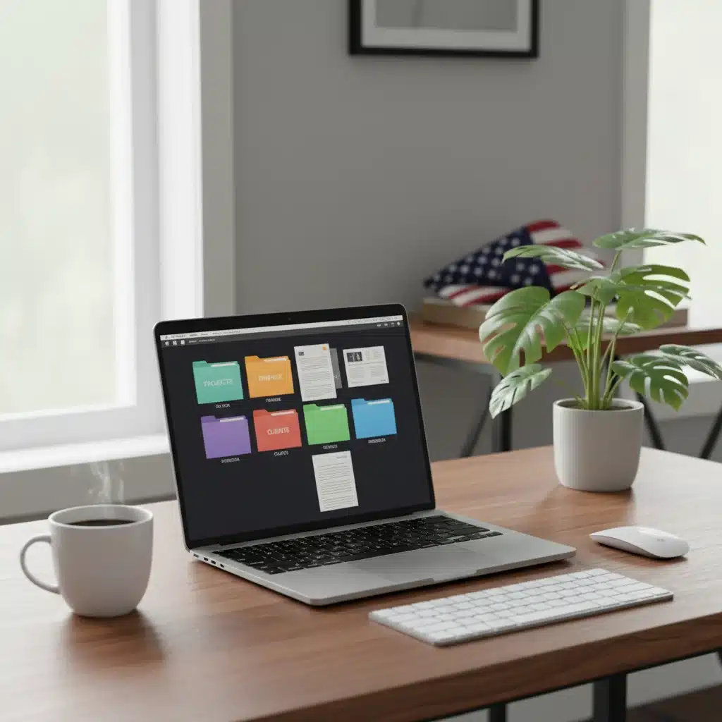Organized remote worker desk with laptop showing file management software