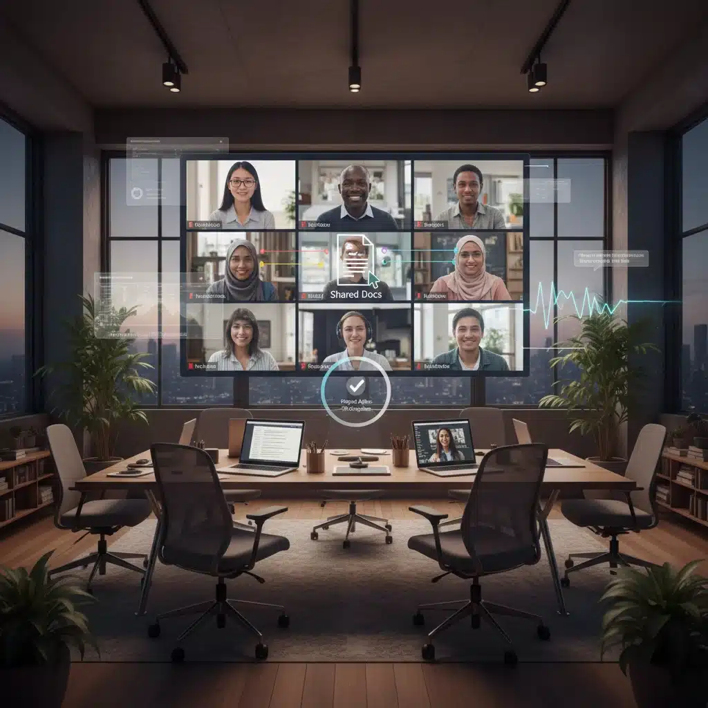 Remote team collaborating on project documents through integrated file management