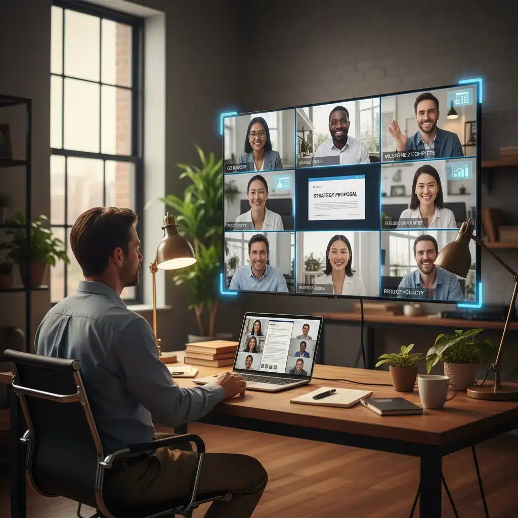 Remote team collaborating effectively through integrated virtual meeting and project management tools.