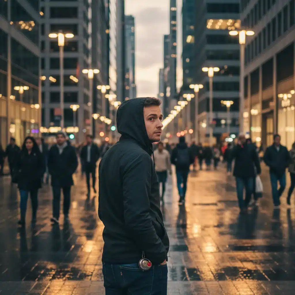 Digital nomad practicing situational awareness with a personal alarm in a city