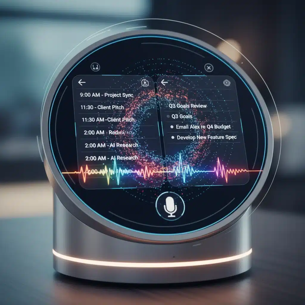 Smart assistant device displaying a detailed calendar and task list, illustrating efficient task management.