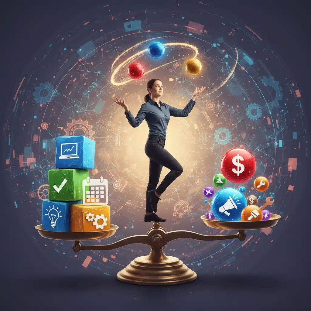 Person balancing multiple tasks on a scale, symbolizing effective task prioritization and workload management.