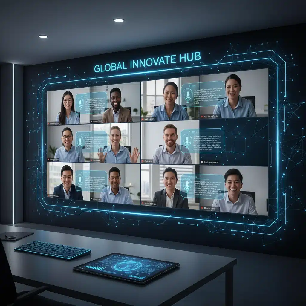 Remote team members collaborating virtually with real-time voice AI transcriptions enhancing communication.