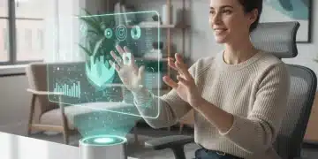 Remote worker using a voice-activated smart assistant in a modern home office, symbolizing enhanced productivity.