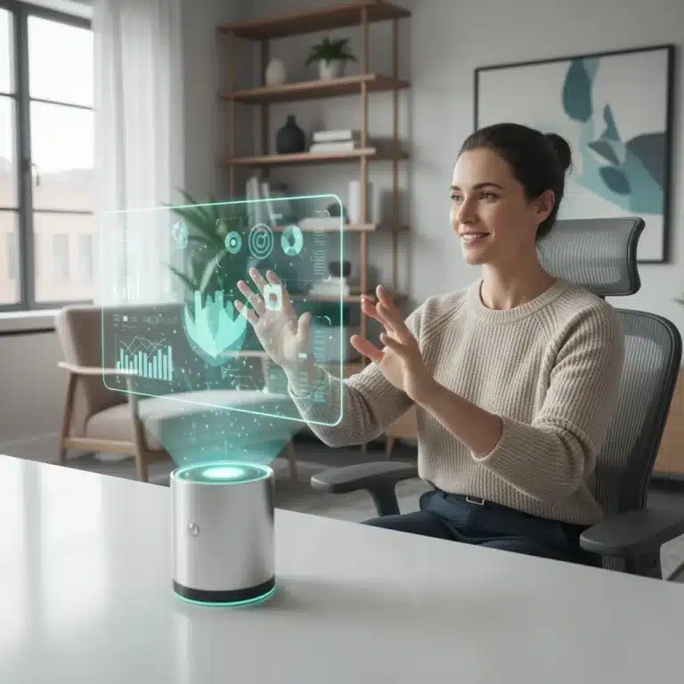 Remote worker using a voice-activated smart assistant in a modern home office, symbolizing enhanced productivity.