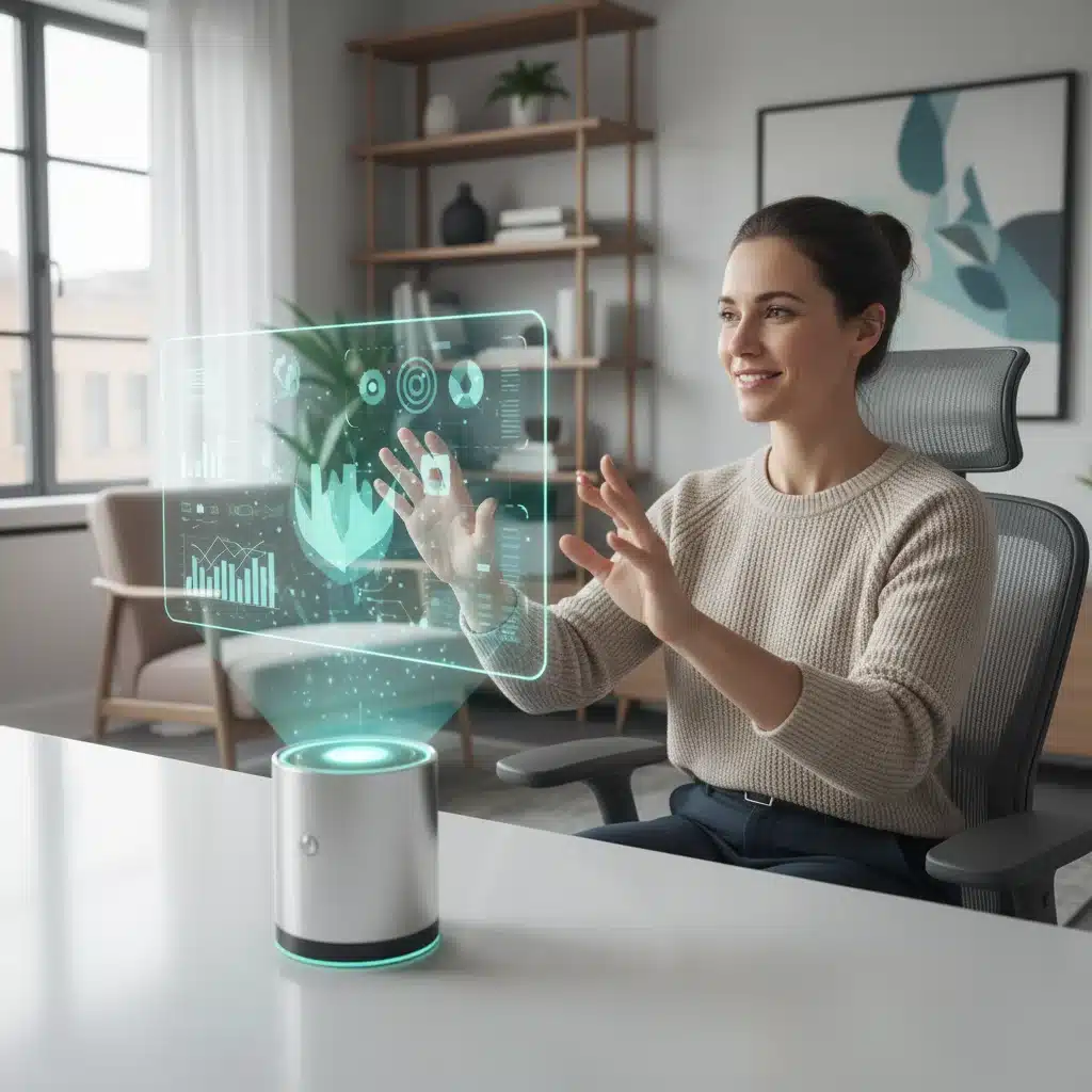 Remote worker using a voice-activated smart assistant in a modern home office, symbolizing enhanced productivity.